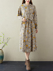 Lapel Lace-Up Floral Midi Dress