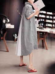 Summer Plaid Split-joint Stand-collar Long Dress