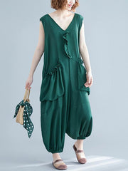 Loose Solid Color Sleeveless V-Neck Jumpsuit