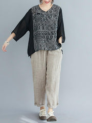 Loose Print Splicing V-Neck T-Shirt