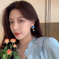 Retro Personality Blue Portrait Pearl Sweet Earrings