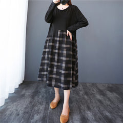 Women Retro Irregular Plaid Stitching Dress