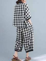 Plaid Splicing Shirt Wide Leg Pants Two-Piece Set