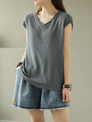 Solid Knitting Rhombus V-Neck T-Shirt