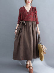 Retro Patchwork Floral V-Neck Lace-Up Midi Dress