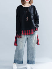 Large Size Stitching Plaid Asymmetrical Loose Sweatshirt