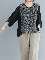 Loose Print Splicing V-Neck T-Shirt