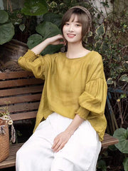 Lantern Sleeve Solid Loose Round Neck T-Shirt