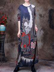 Round Neck Print Knit Midi Dress