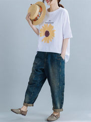 Loose Daisy Print Round Neck T-Shirt