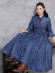 Vintage Falbala Stand Collar Jean Dress