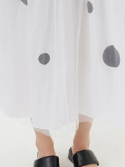 Roomy Short Sleeves Gauze Pleated Polka-Dot Stamped Split-Joint Round-Neck Midi Dresses