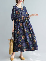 Round Neck Loose Print Short Sleeve Dress