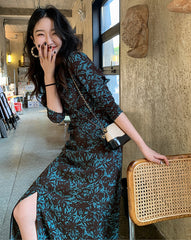 Maple Printed Long Sleeve Skinny Midi Dress