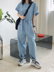 Round Neck High Waist Elastic Drawstring Straight Leg Jumpsuit