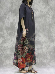 Vintage Floral Batwing Sleeve Round Neck Dress