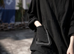 Women Round Neck Pocket Loose Long Sleeve Dress