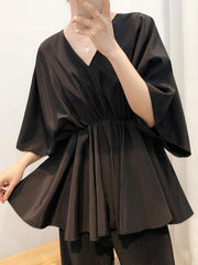 Loose Solid V-Neck Bat Sleeves Chiffon Shirt
