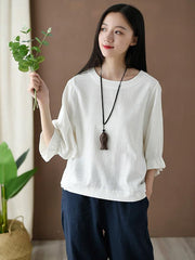 Loose Solid Round-neck Ramie T-shirt