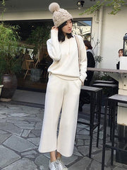Soft Knitting Spun With-hat Sweater + Wide Leg Pants Suits