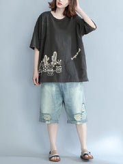 Loose Short Sleeves Printed Plant T-Shirt
