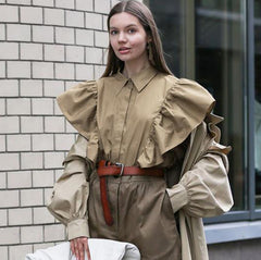 Solid Color Long Sleeve Shirt With Ruffle Design