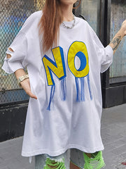 Letter Print Hollow Hole Loose Round Neck T-Shirt