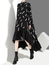 Printed Falbala Lapel Shirt Midi Dress