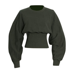 Simple Dark Green Round Neck Short Sweatshirt