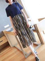 Stripe Splicing Pleated Empire Midi Dress