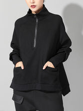 Zipper Batwing Sleeves Solid Sweatshirt