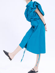 Puff Sleeve Loose Pleated Lapel Casual Dress