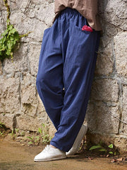 Navy-blue&Burgundy Split-joint Casual Linen Pants