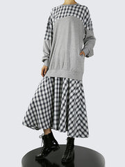 Loose Color-Block Plaid Midi Dress