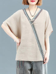 Loose Linen Frog V-neck T-shirt