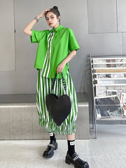 Streect Simple Striped Printed Blouse Two Piece Set