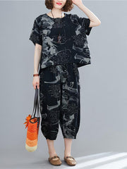 Loose Ink Prnted Wie-Leg Suits