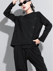 Black Solid Round-Neck Split-Joint T-Shirt