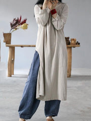 Vintage Solid V-Neck Split-Side Button Dress