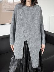 Asymmetric Pure Color Zipper High-low Long Sleeves Round-neck Sweater Tops Pullovers