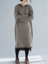 Women Loose Striped Lace Up Hooded Dress