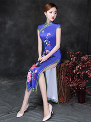 Elegant Blue Peony Print Short Cheongsam Dress
