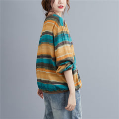 Ramie Cotton Striped V-Neck T-Shirt