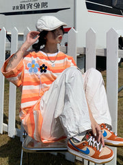 Loose Embroidered Printed Striped Crew Neck T-Shirt