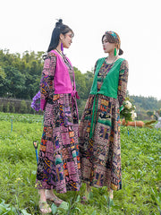 Retro Ethnic Round-Neck Long Sleeve Maxi Dress