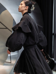 Simple Black Solid Lantern Sleeve Short Jacket