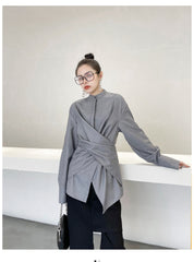 Women Stand Collar Long Sleeve Irregular Shirt