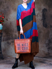 Striped Knit V-Neck Color-Block Slit Sweater Dress