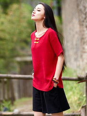 Red&Blue Chinoiserie Frog Round-neck Ramie Cotton T-shirt