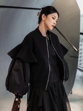 Simple Black Solid Lantern Sleeve Short Jacket